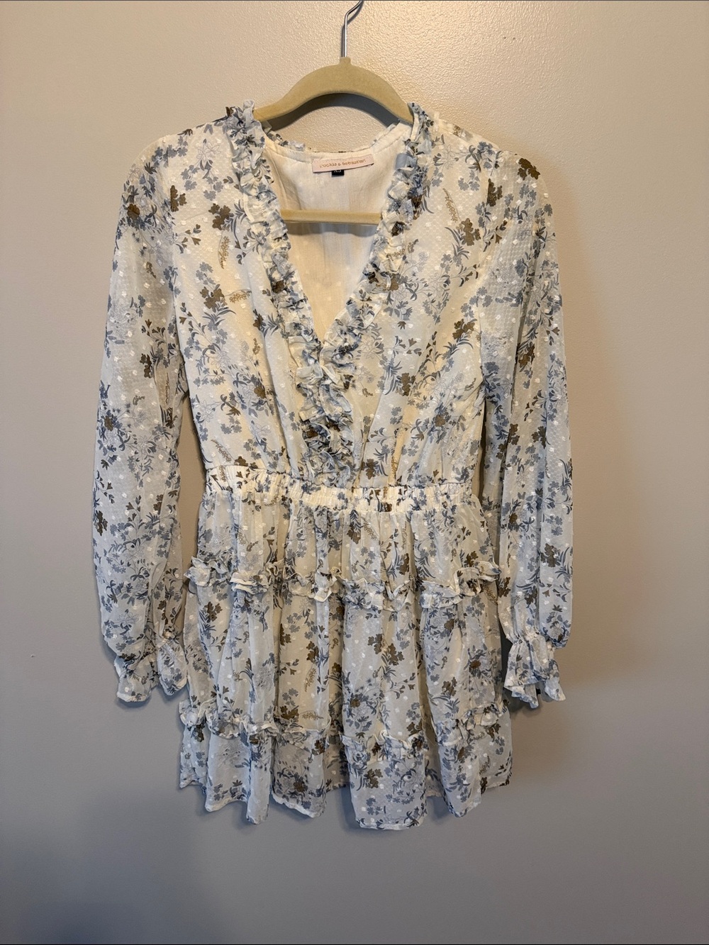 Pookie & Sebastian Ruffle White and Blue Floral Long Sleeve Tiered Mini Dress